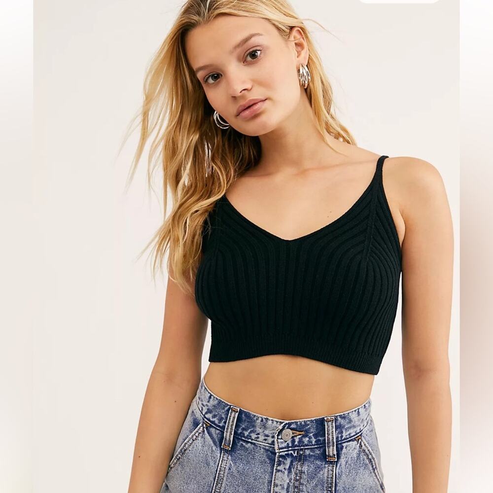 Free People Cropped Sweater Knit Corset Detail Swit Cami Black Cotton Size Small